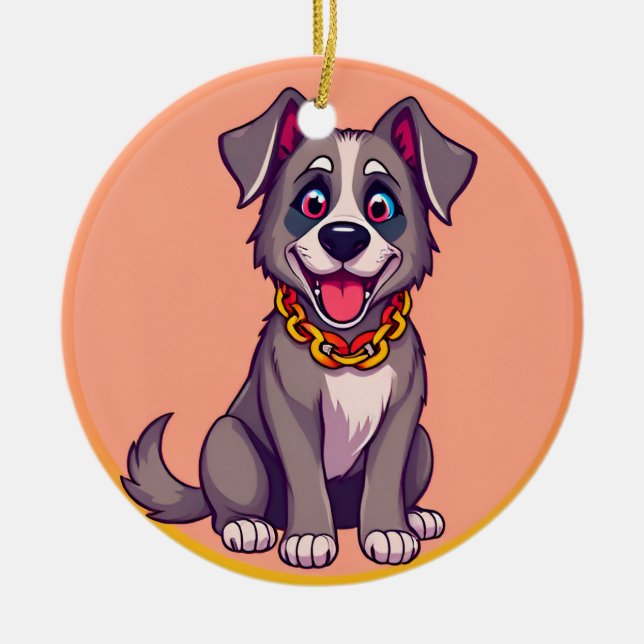 Happy Dog Cartoon Illustration Ceramic Tree Decoration (Front)