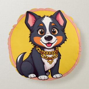 Happy Dog Cartoon Illustration Round Cushion