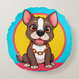 Happy Dog Cartoon Illustration Round Cushion