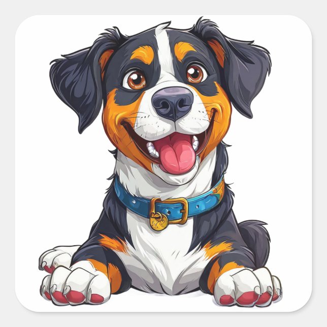 Happy Dog Cartoon Illustration Square Sticker (Front)