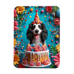 Happy Dog Celebrating Birthday With Colourful Cake Magnet