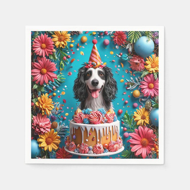 Happy Dog Celebrating Birthday With Colourful Cake Napkin (Front)