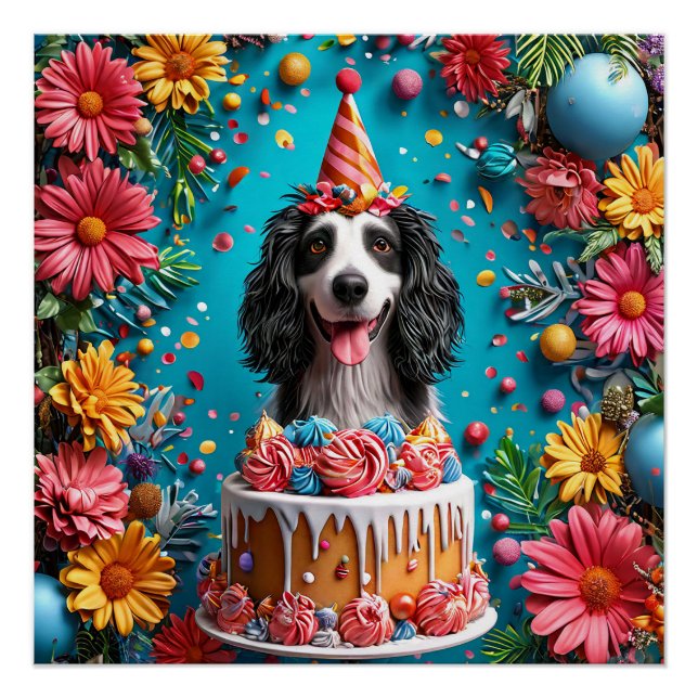 Happy Dog Celebrating Birthday With Colourful Cake Poster (Front)