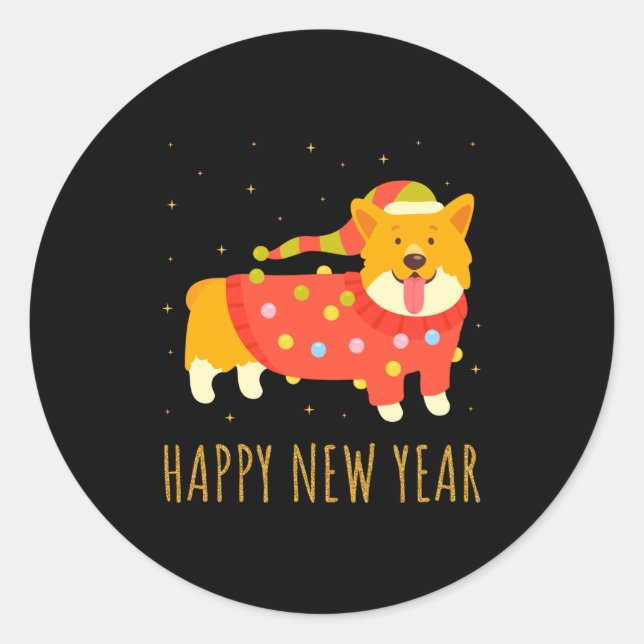 Happy Dog Corgi Celebrating New Year Cozy Christma Classic Round Sticker (Front)
