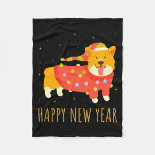 Happy Dog Corgi Celebrating New Year Cozy Christma Fleece Blanket