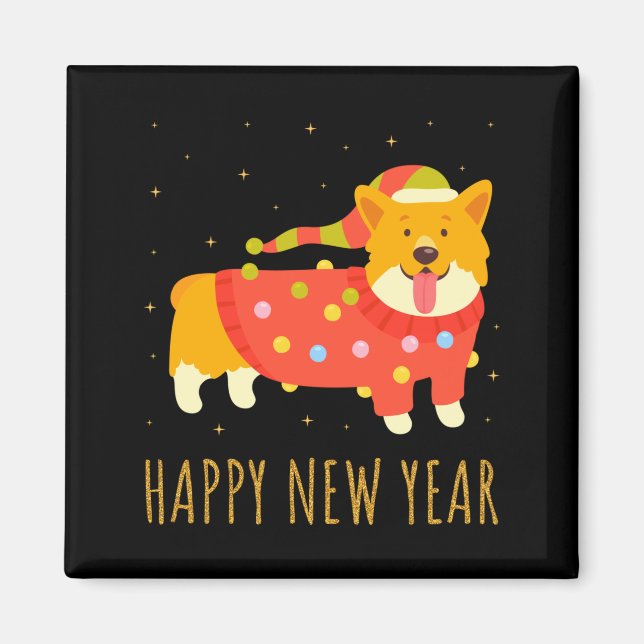 Happy Dog Corgi Celebrating New Year Cozy Christma Magnet (Front)