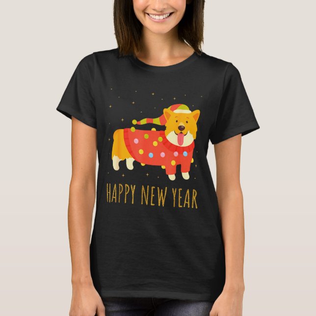 Happy Dog Corgi Celebrating New Year Cozy Christma T-Shirt (Front)