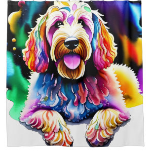 Happy Dog Goldendoodle Watercolor Design Shower Curtain