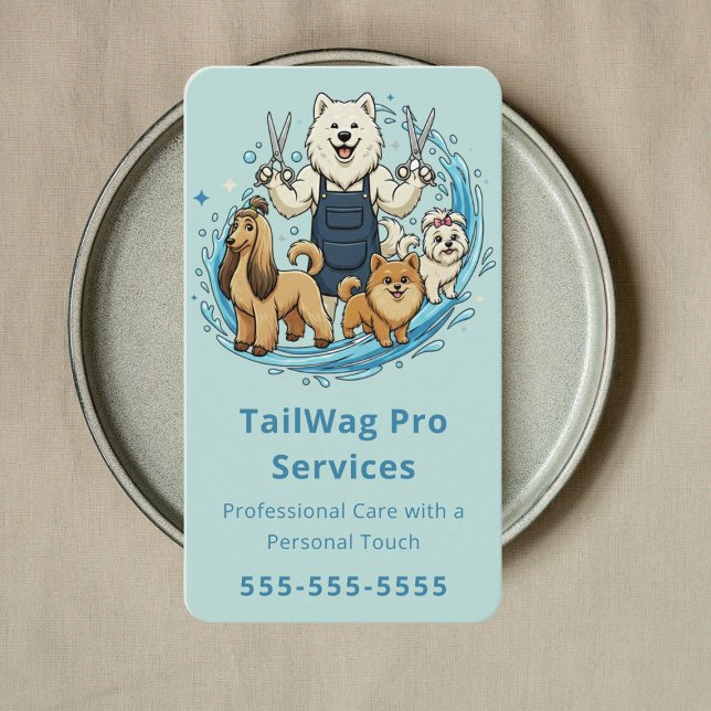 Happy Dog Grooming Cute Pet Sitter Modern Blue Business Card (Creator Uploaded)
