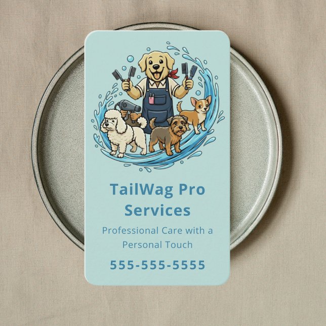 Happy Dog Grooming Pet Sitter Dog Groomer Blue Business Card (Creator Uploaded)