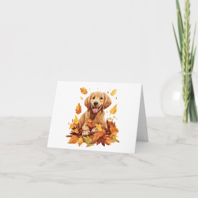 Happy Dog in Fall and Autumn Leaves BLANK  Card (Front)