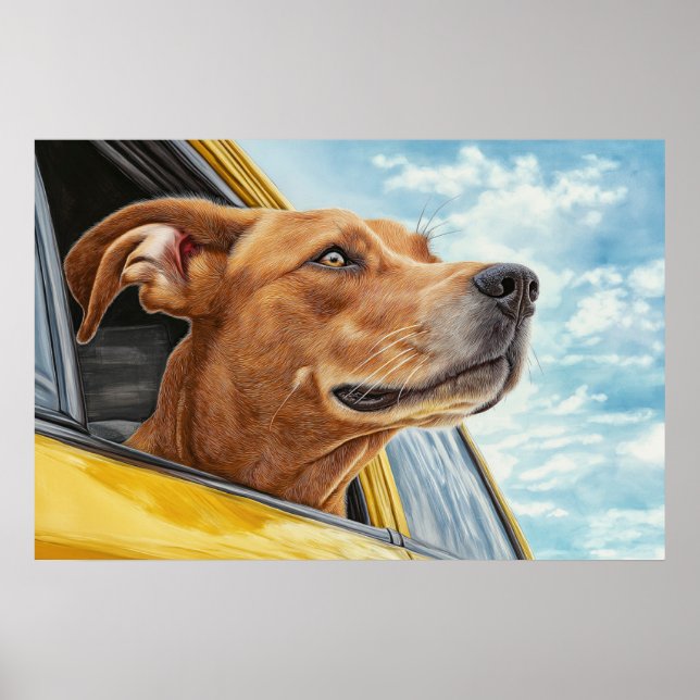 Happy Dog in Yellow Car Art Print (Front)