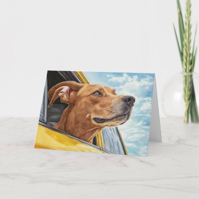 Happy Dog in Yellow Car Art Print Card (Front)