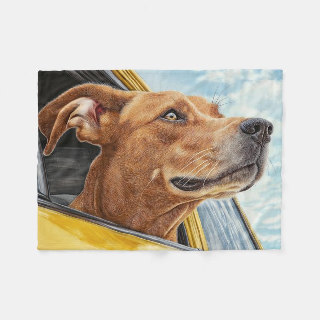 Happy Dog in Yellow Car Art Print Fleece Blanket (Front (Horizontal))