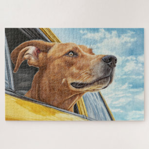 Happy Dog in Yellow Car Art Print Jigsaw Puzzle