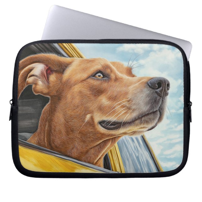 Happy Dog in Yellow Car Art Print Laptop Sleeve (Front)