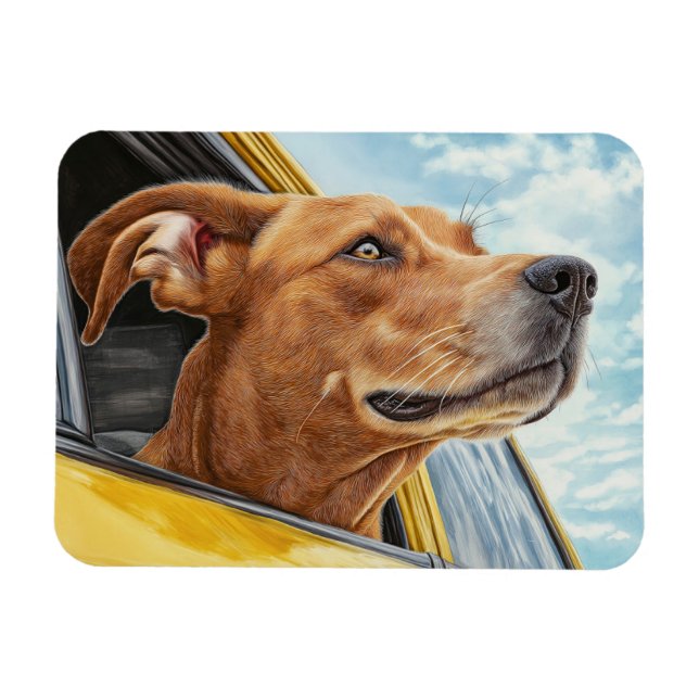 Happy Dog in Yellow Car Art Print Magnet (Horizontal)