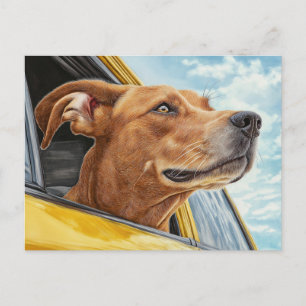 Happy Dog in Yellow Car Art Print Postcard
