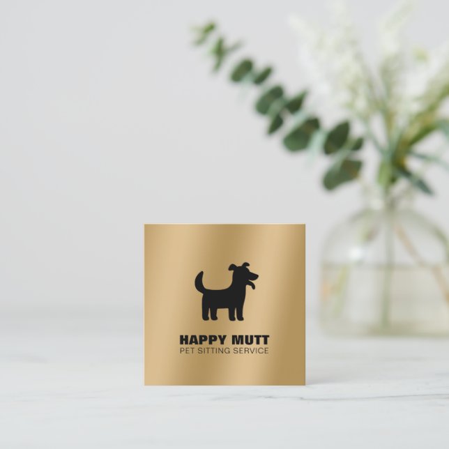 Happy Dog Logo Pet Sitting Service Care Faux Gold Square Business Card (Standing Front)