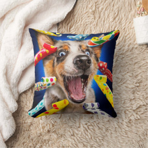 Happy Dog Party Blowers Cushion