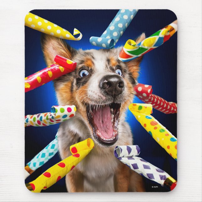 Happy Dog Party Blowers Mouse Mat (Front)