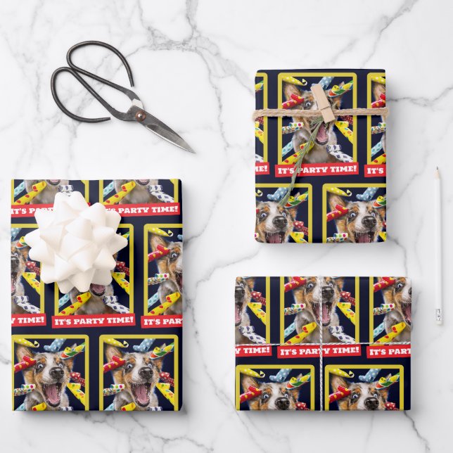 Happy Dog Party Blowers Wrapping Paper Sheet (Front)