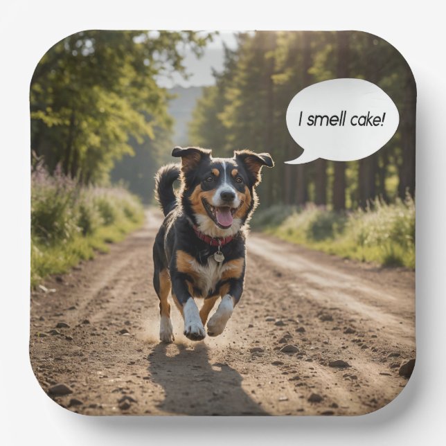 Happy Dog Smelling Birthday Cake Paper Plate (Front)