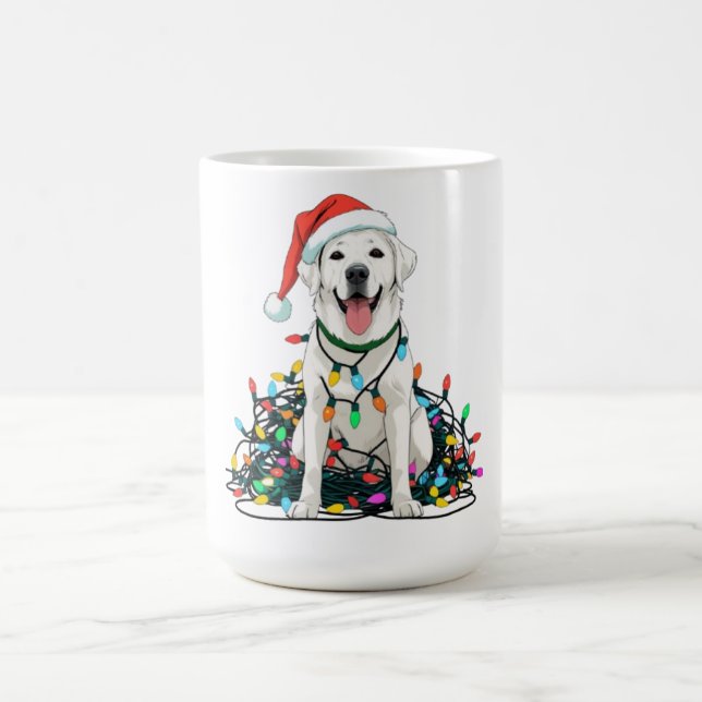 Happy Dog Tangled in Christmas Lights T-Shirt Coffee Mug (Center)