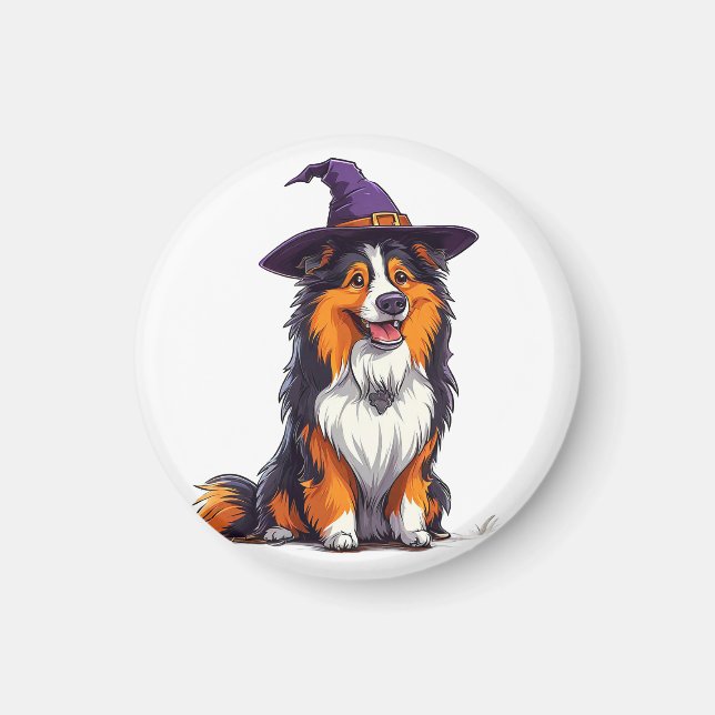 Happy Dog Wearing a Witch Hat Magnet (Front)
