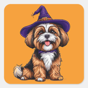 Happy Dog Wearing a Witch Hat Square Sticker