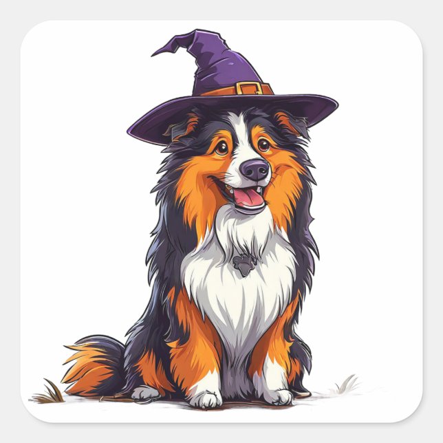 Happy Dog Wearing a Witch Hat Square Sticker (Front)