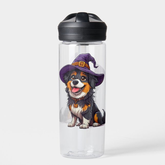Happy Dog Wearing a Witch Hat Water Bottle (Front)