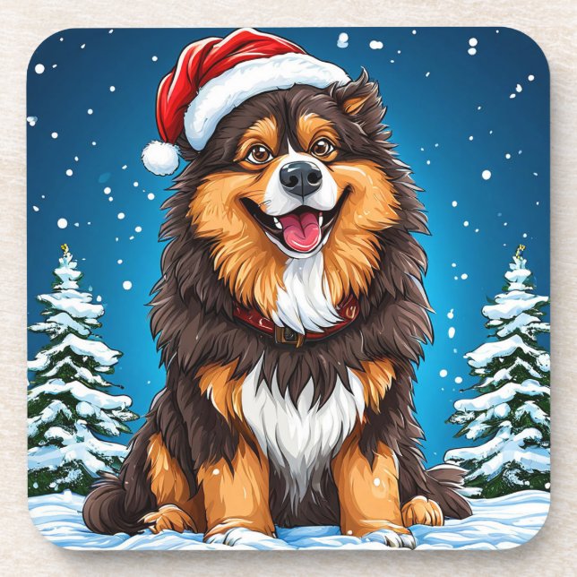 Happy Dog Wearing Santa Hat Coaster (Front)