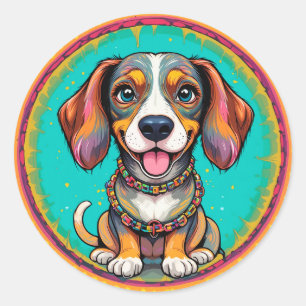 Happy Dog With a Colourful Collar Classic Round Sticker
