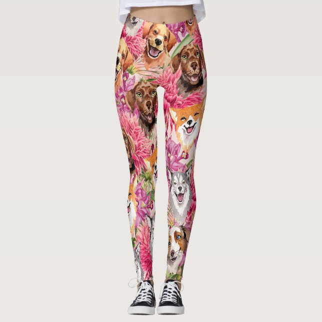 Happy Dogs and Flowers Leggings (Front)