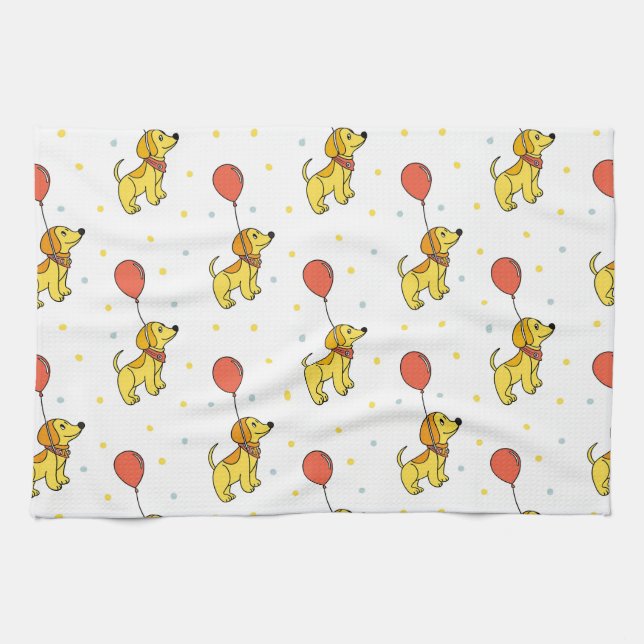 Happy Dogs with Balloons Pattern Tea Towel (Horizontal)