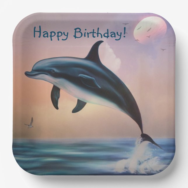 Happy Dolphin Birthday Paper Plate (Front)