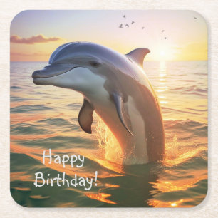 Happy Dolphin Birthday Square Paper Coaster