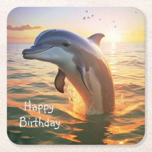 Happy Dolphin Birthday Square Paper Coaster