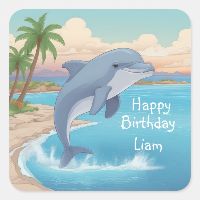 Happy Dolphin Birthday Square Sticker (Front)