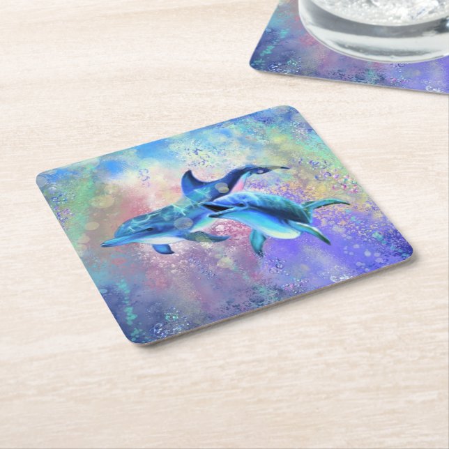 Happy Dolphin Couple Paper Coaster (Angled)