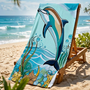 Happy Dolphin Jumping from Tropical Ocean Beach Towel