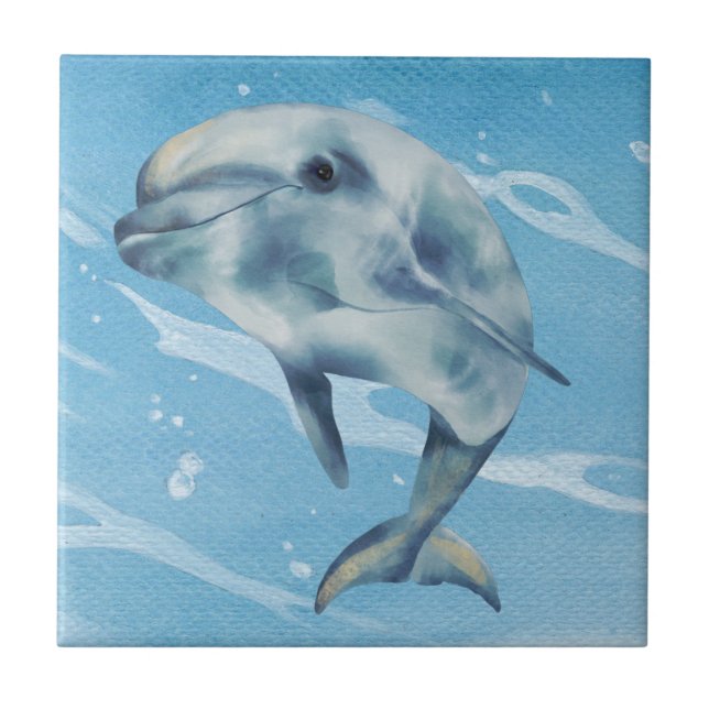 Happy Dolphin Watercolor Beach Ocean  Tile (Front)