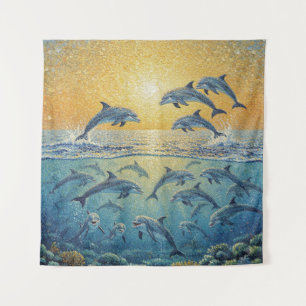 Happy Dolphins At Sunset Tapestry