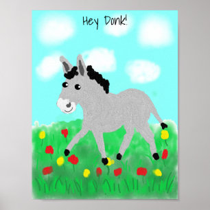 Happy Donkey in Flower Meadow Poster