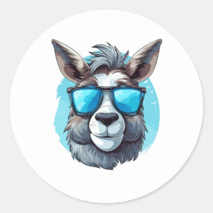 Happy Donkey with Sunglasses on a blue Background Classic Round Sticker