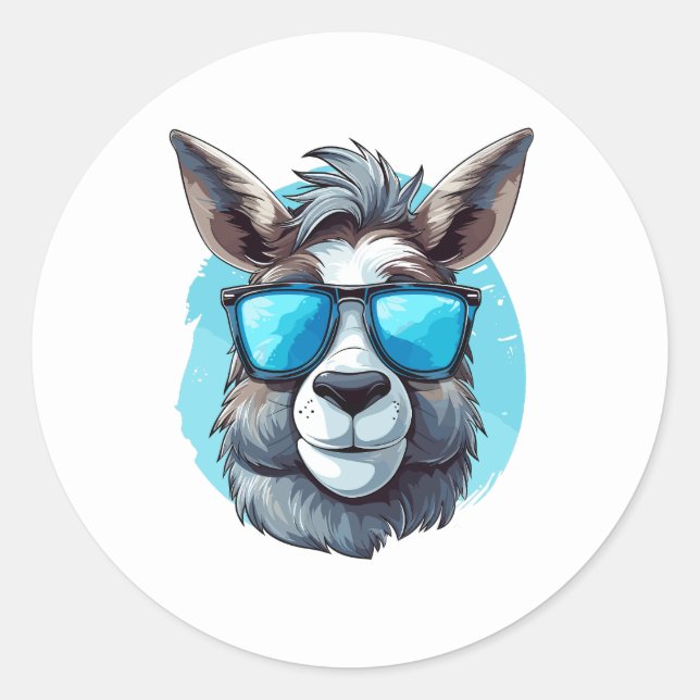 Happy Donkey with Sunglasses on a blue Background Classic Round Sticker (Front)