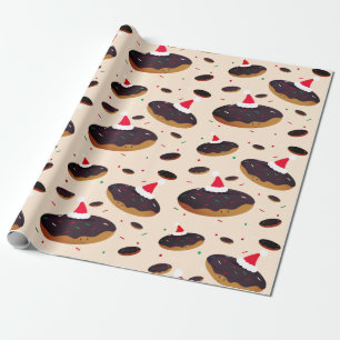 Happy Donut Santa Hats Pattern Chocolate Frosting Wrapping Paper