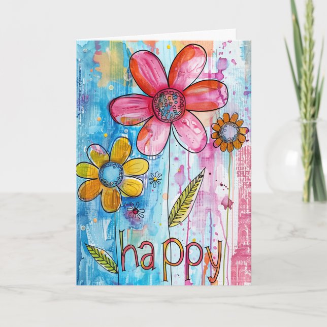 *~**~ HAPPY Doodle Colourful Whimsical Flower Thank You Card (Front)