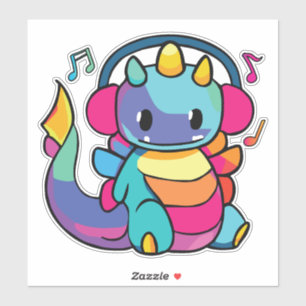 Happy dragon with headphones listening to music.